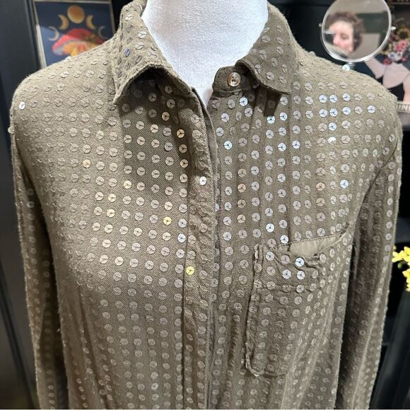 Anthropologies Maeve Olive Green Sequin Button Down Size Small - Picture 2 of 11